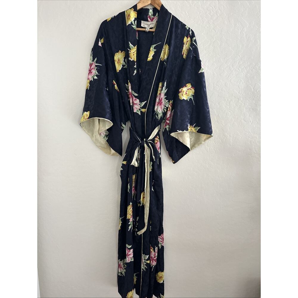 Christian Dior Vtg Navy Floral Satin Full Length Robe Kimono No Sz Vintage Lux - Picture 2 of 9
